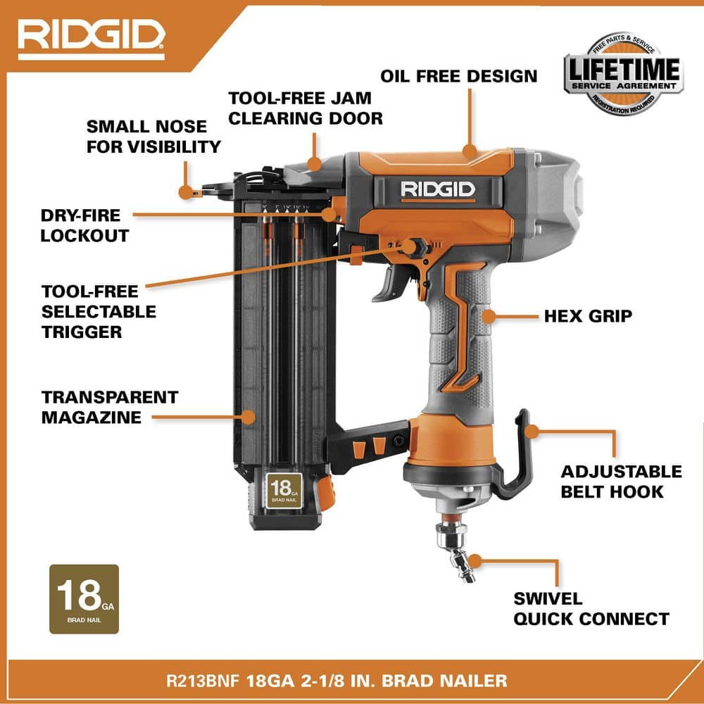 Clavadora neumática de clavos de 2-1/8 pulg. de calibre 18 con tecnología CLEAN DRIVE y bolsa de herramientas