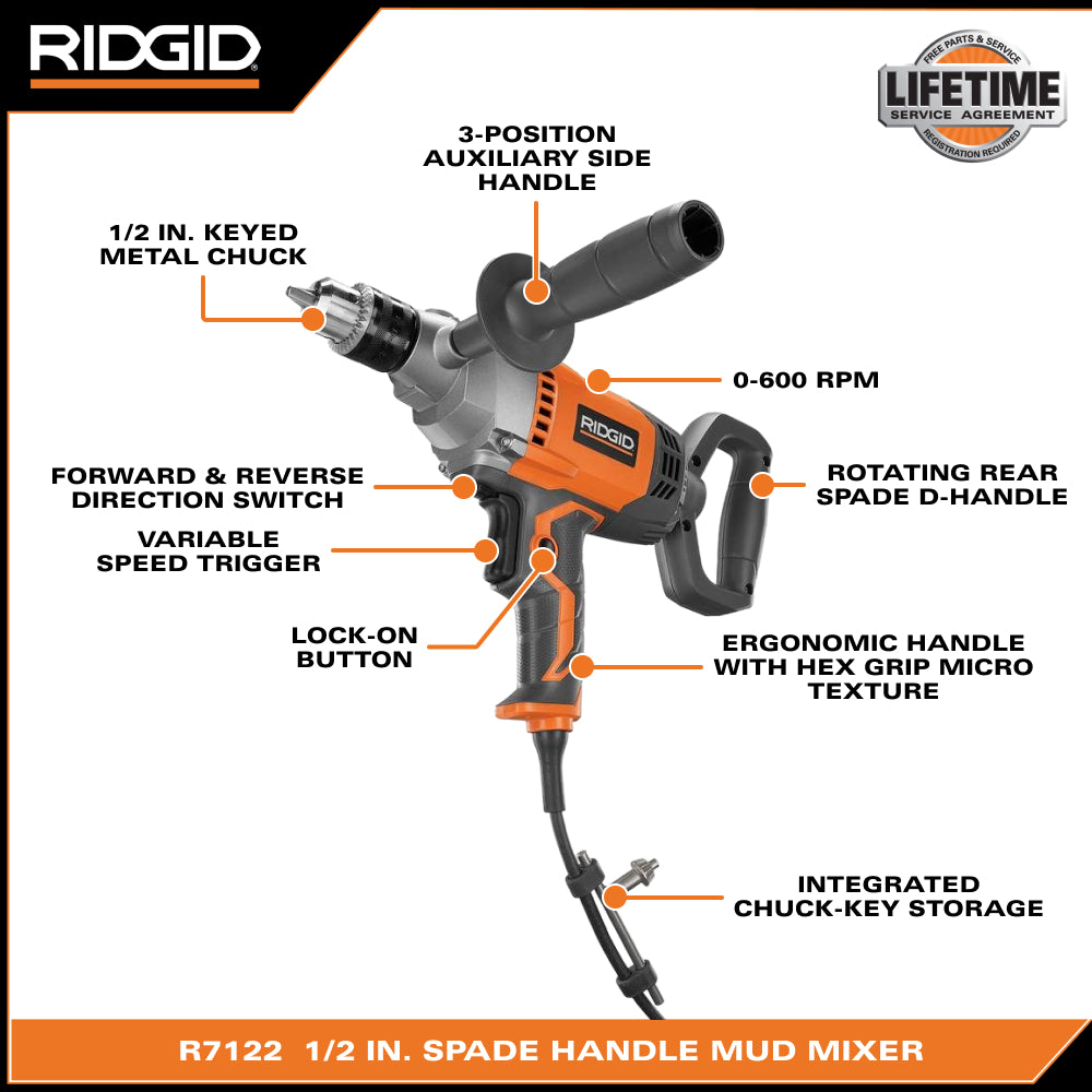 Mezclador de lodo con mango de pala de 1/2 pulg. y cable de 9 amperios