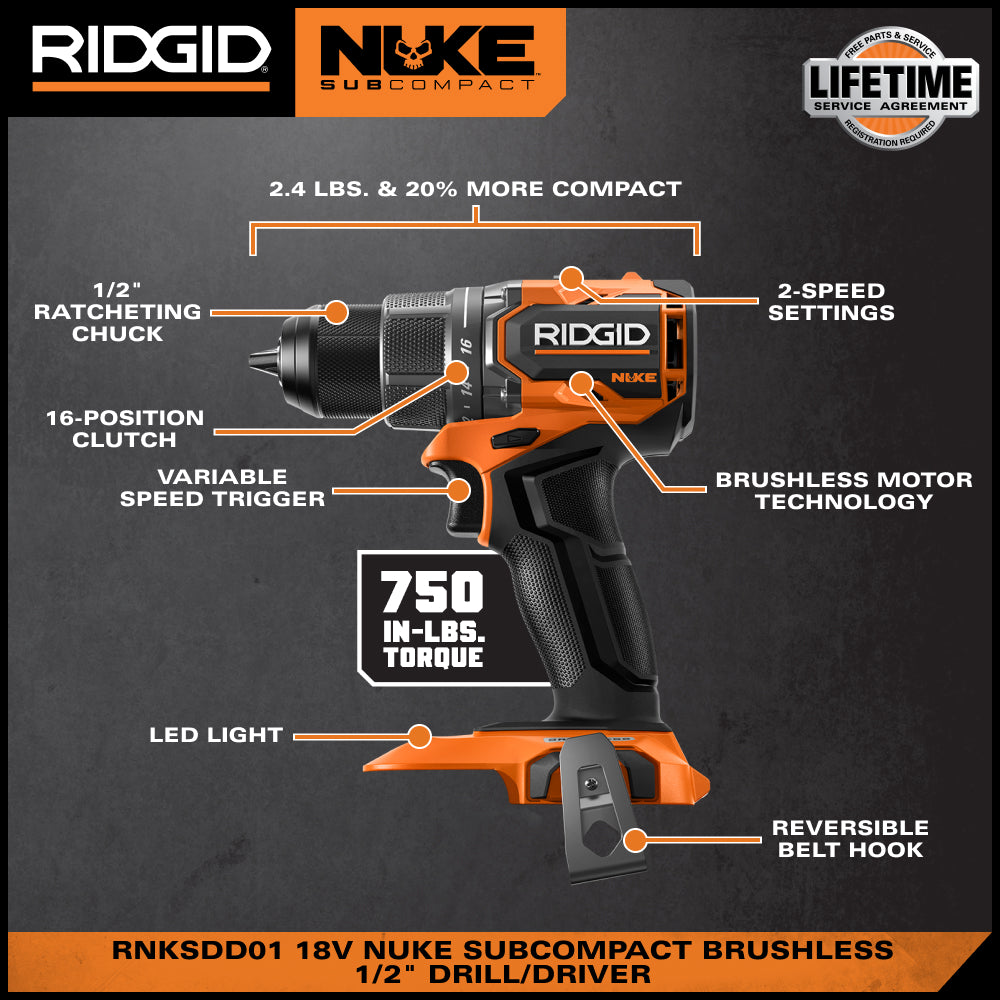 Kit de taladro/atornillador sin escobillas subcompacto de 1/2" NUKE de 18V