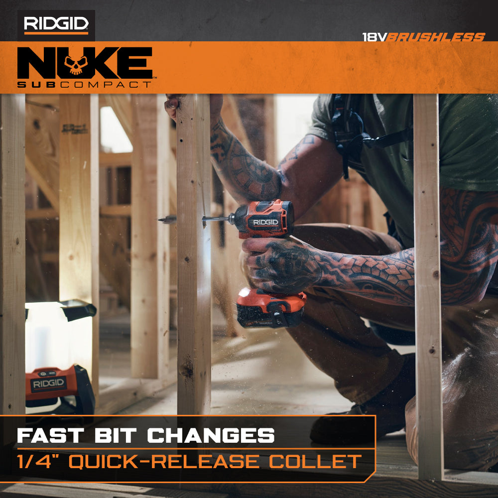 Kit de taladro de impacto subcompacto sin escobillas de 1/4" NUKE de 18V