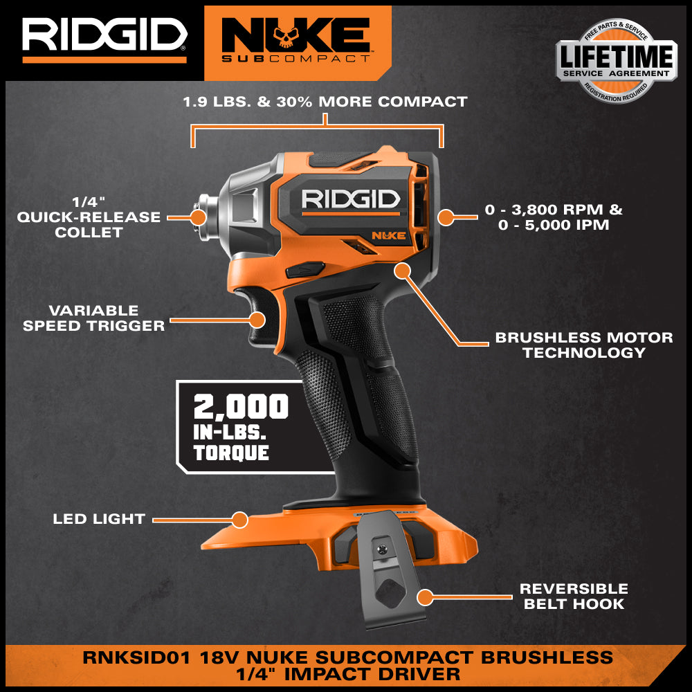 Kit de taladro de impacto subcompacto sin escobillas de 1/4" NUKE de 18V