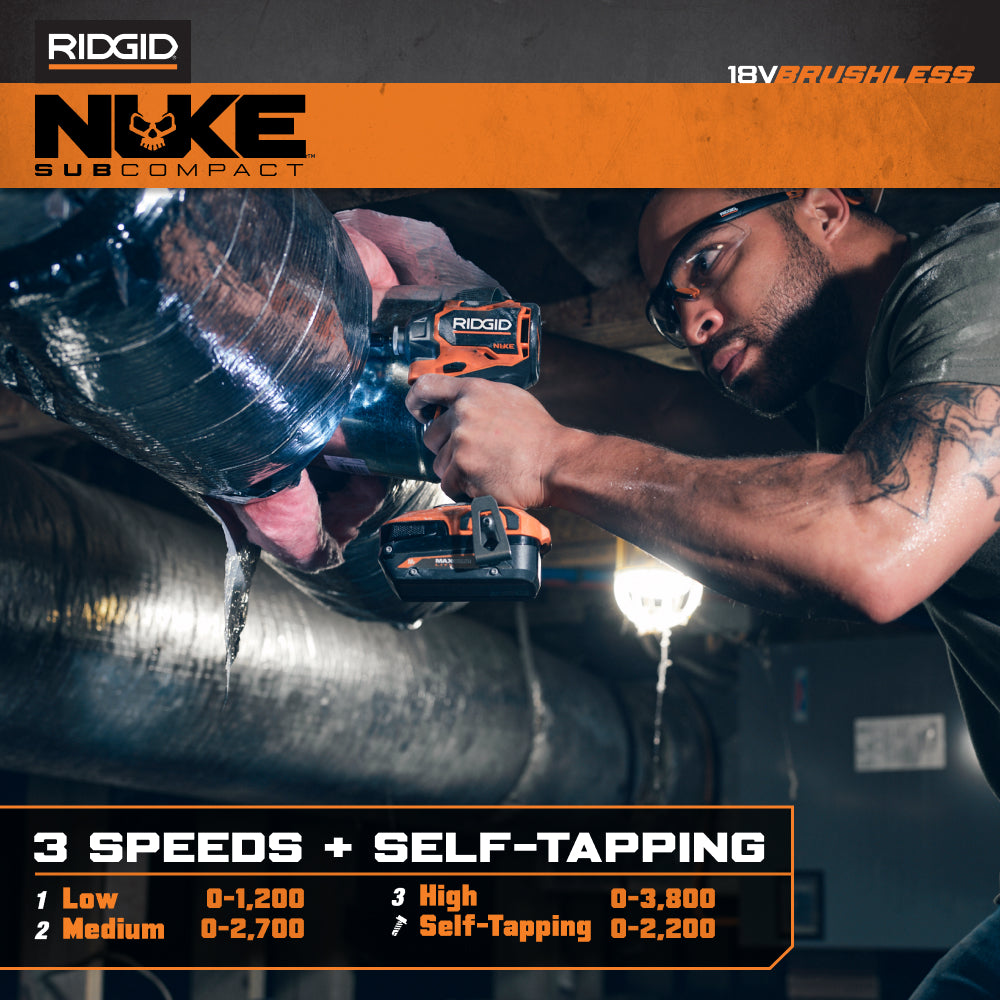 RIDGID 18V NUKE SubCompact Brushless 2-Tool Combo Kit with Hammer Drill, 4-Mode Impact Driver, (2) Batteries & Charger