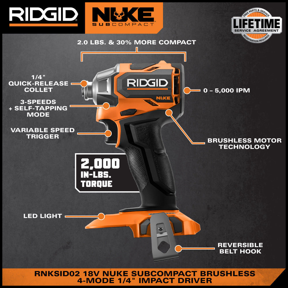 RIDGID 18V NUKE SubCompact Brushless 2-Tool Combo Kit with Hammer Drill, 4-Mode Impact Driver, (2) Batteries & Charger
