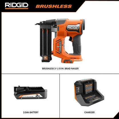 Clavadora inalámbrica sin escobillas de 18 V, calibre 18, 2-1/8 pulg., con tecnología CLEAN DRIVE, batería de 2.0 Ah y cargador