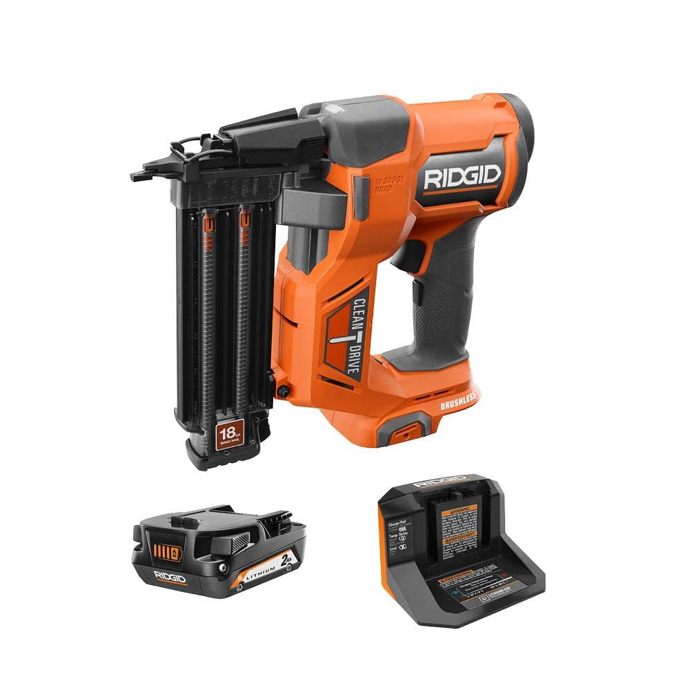 Clavadora inalámbrica sin escobillas de 18 V, calibre 18, 2-1/8 pulg., con tecnología CLEAN DRIVE, batería de 2.0 Ah y cargador