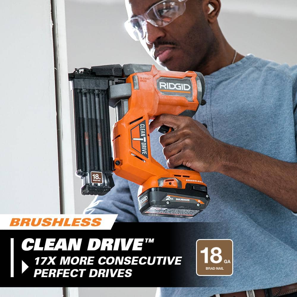 Clavadora inalámbrica sin escobillas de 18 V, calibre 18, 2-1/8 pulg., con tecnología CLEAN DRIVE, batería de 2.0 Ah y cargador
