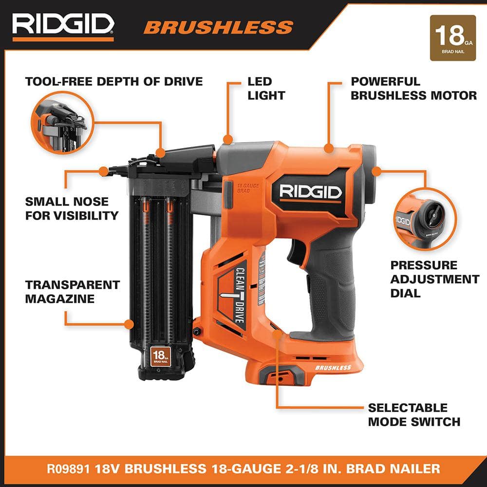Clavadora inalámbrica sin escobillas de 18 V, calibre 18, 2-1/8 pulg., con tecnología CLEAN DRIVE, batería de 2.0 Ah y cargador
