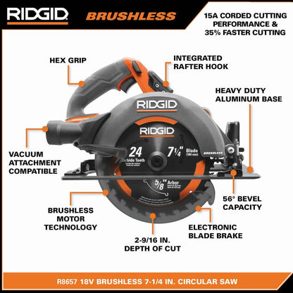 Kit de sierra circular inalámbrica sin escobillas de 18 V y 7-1/4 pulg. con batería de salida máxima de 4.0 Ah y cargador