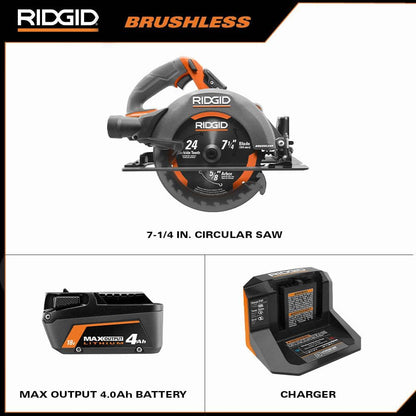 Kit de sierra circular inalámbrica sin escobillas de 18 V y 7-1/4 pulg. con batería de salida máxima de 4.0 Ah y cargador