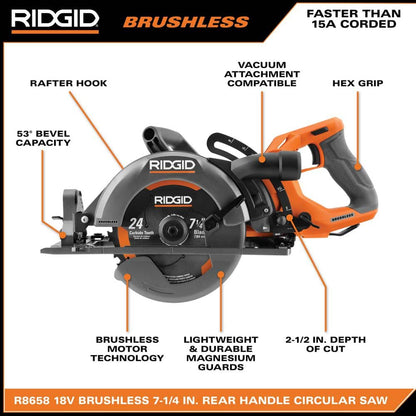 Sierra circular inalámbrica sin escobillas de 18 V y 7-1/4 pulg. con mango trasero (solo herramienta)