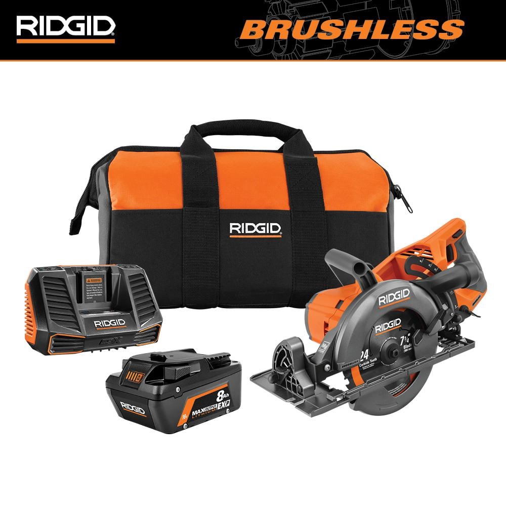 Kit de sierra circular inalámbrica sin escobillas de 18 V con mango trasero de 7-1/4 pulg., batería de salida máxima de 8.0 Ah, cargador de 18 V y bolsa