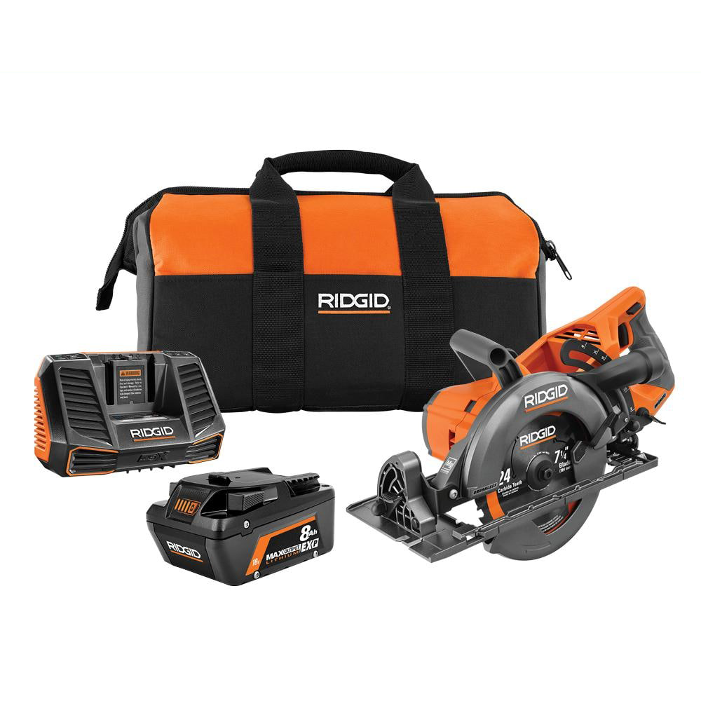 Kit de sierra circular inalámbrica sin escobillas de 18 V con mango trasero de 7-1/4 pulg., batería de salida máxima de 8.0 Ah, cargador de 18 V y bolsa