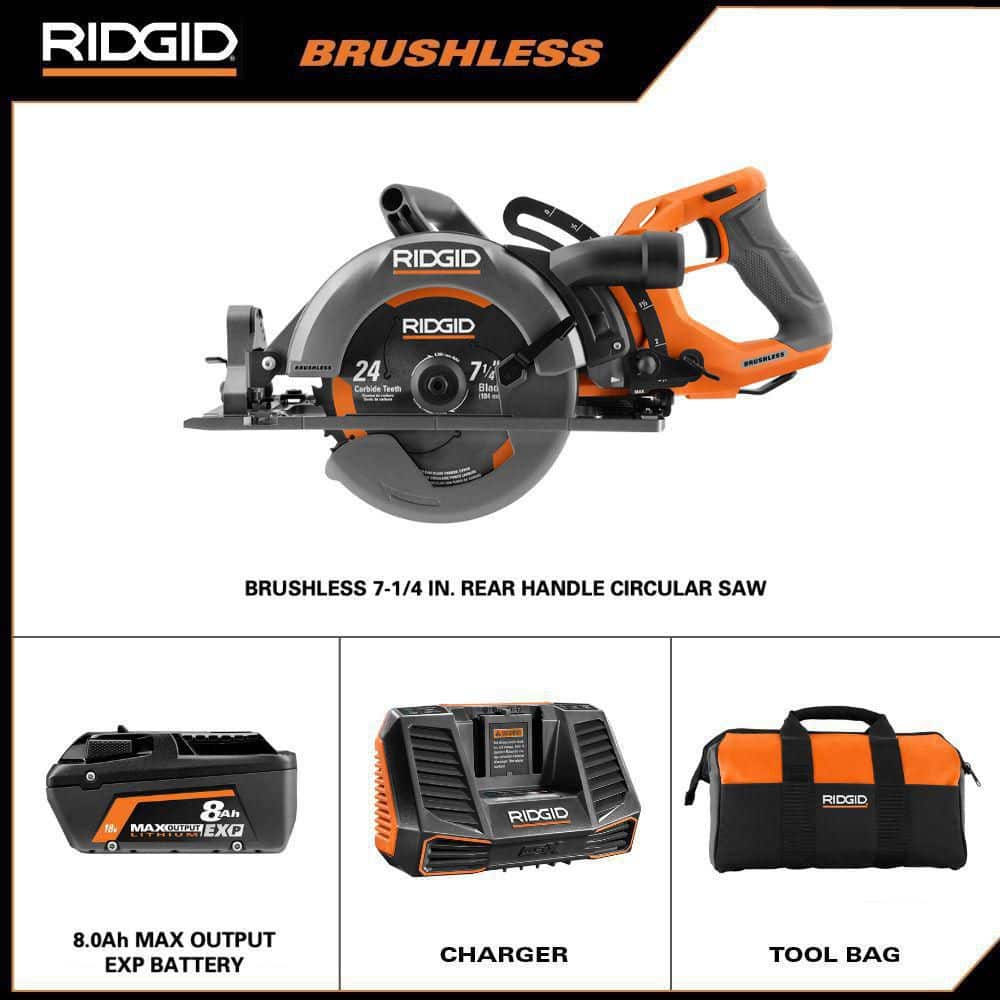 Kit de sierra circular inalámbrica sin escobillas de 18 V con mango trasero de 7-1/4 pulg., batería de salida máxima de 8.0 Ah, cargador de 18 V y bolsa