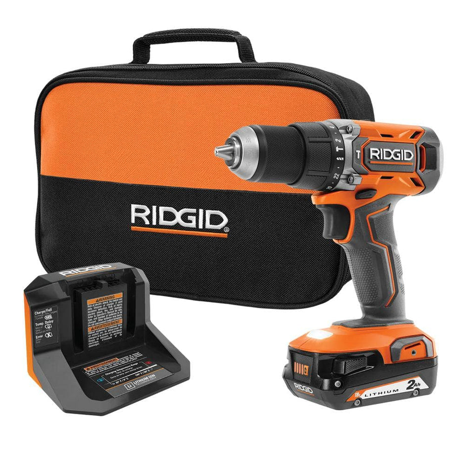 Kit de taladro percutor/atornillador inalámbrico de 18 V y 1/2 pulg. con batería de 2 Ah y cargador
