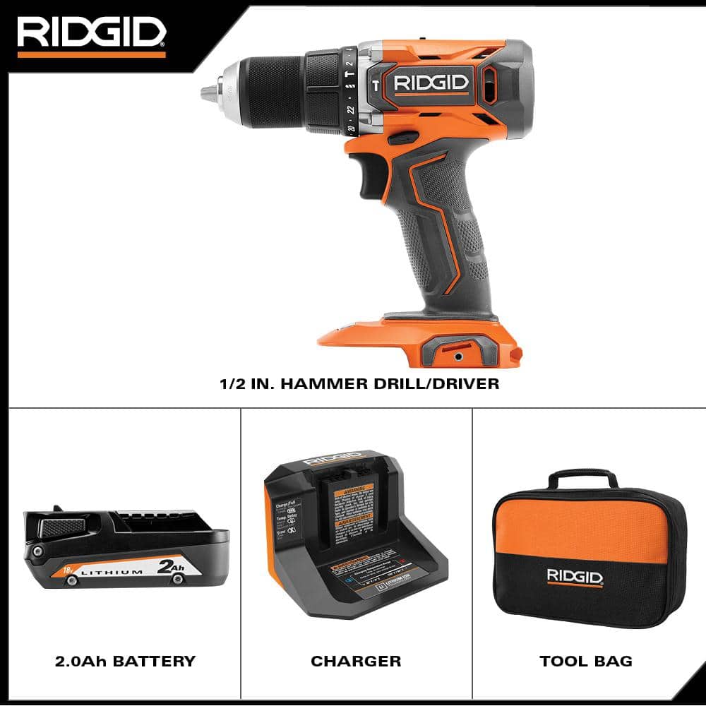 18V Cordless 1/2 in. Hammer Drill/Driver Kit with 2.0 Ah Battery