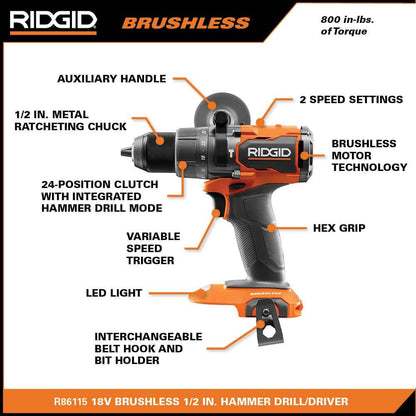 18V Brushless Cordless 1/2 in. Hammer Drill/Driver (Tool Only)