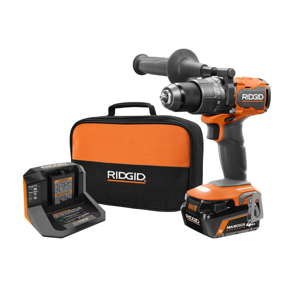 Kit de taladro percutor/atornillador inalámbrico sin escobillas de 18 V y 1/2 pulg. con batería de 4.0 Ah de salida máxima, cargador de 18 V y bolsa de herramientas