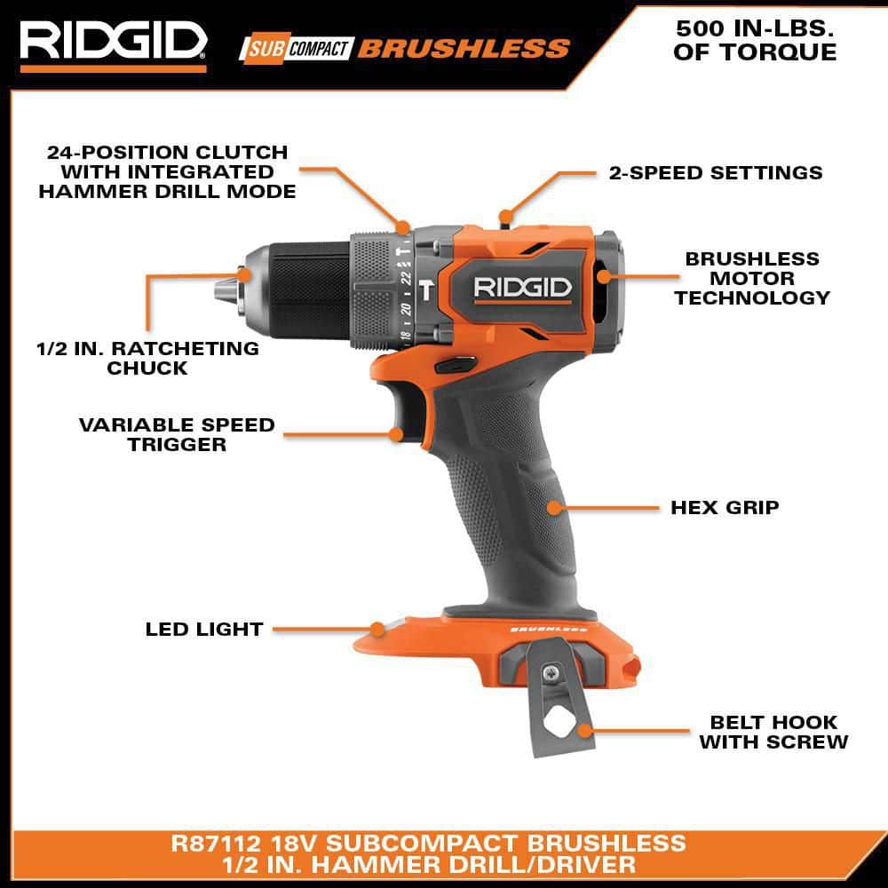 18V SubCompact Brushless Cordless 1/2 in. Hammer Drill Kit with (2) 2.0 Ah Batteries, Charger, and Bag