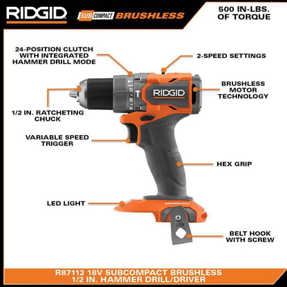 18V SubCompact Brushless Cordless 1/2 in. Hammer Drill Kit with (2) 2.0 Ah Batteries, Charger, and Bag