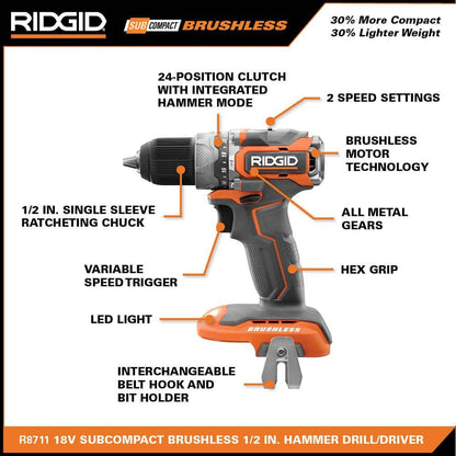 18V SubCompact Brushless 1/2 in. Hammer Drill Kit with (2) 2.0 Ah Batteries, Charger, and Bag
