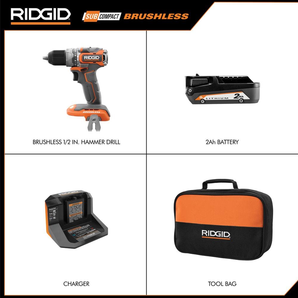 18V SubCompact Brushless 1/2 in. Hammer Drill Kit with (2) 2.0 Ah Batteries, Charger, and Bag