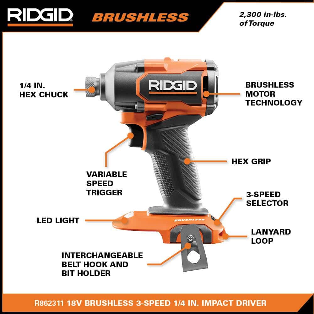 18V Brushless Cordless 3-Speed 1/4 in. Impact Driver (Tool Only) – RIDGID