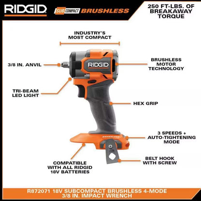 18V SubCompact Brushless Cordless 3/8 in. Impact Wrench Kit with 2.0 Ah Battery, Charger, and Bag