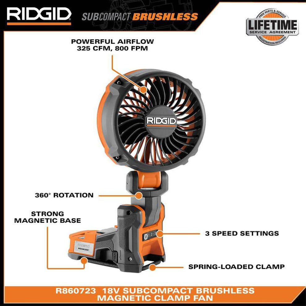 Walling Fan Ridgid 18V SubCompact Brushless Cordless Magnetic Clamp Fan 2-Pack (Tool Only ...