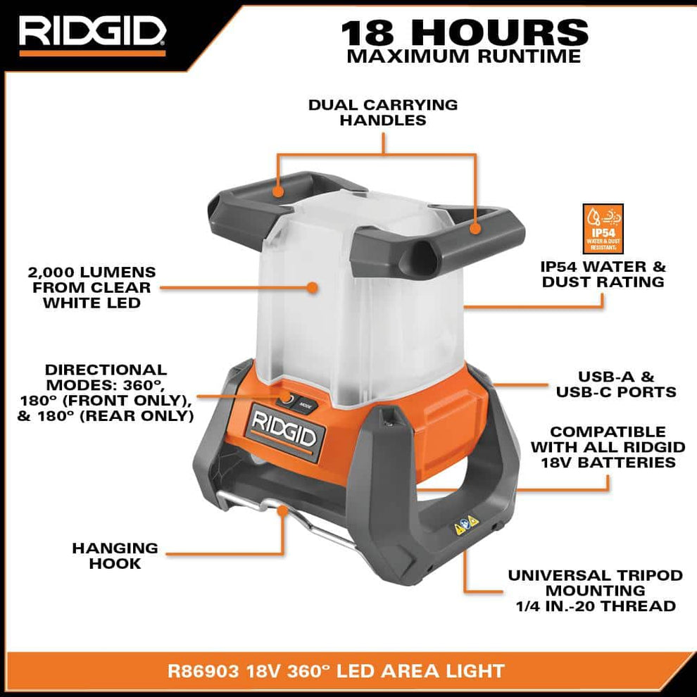 18V Cordless 360° Area Light (Tool Only) – RIDGID