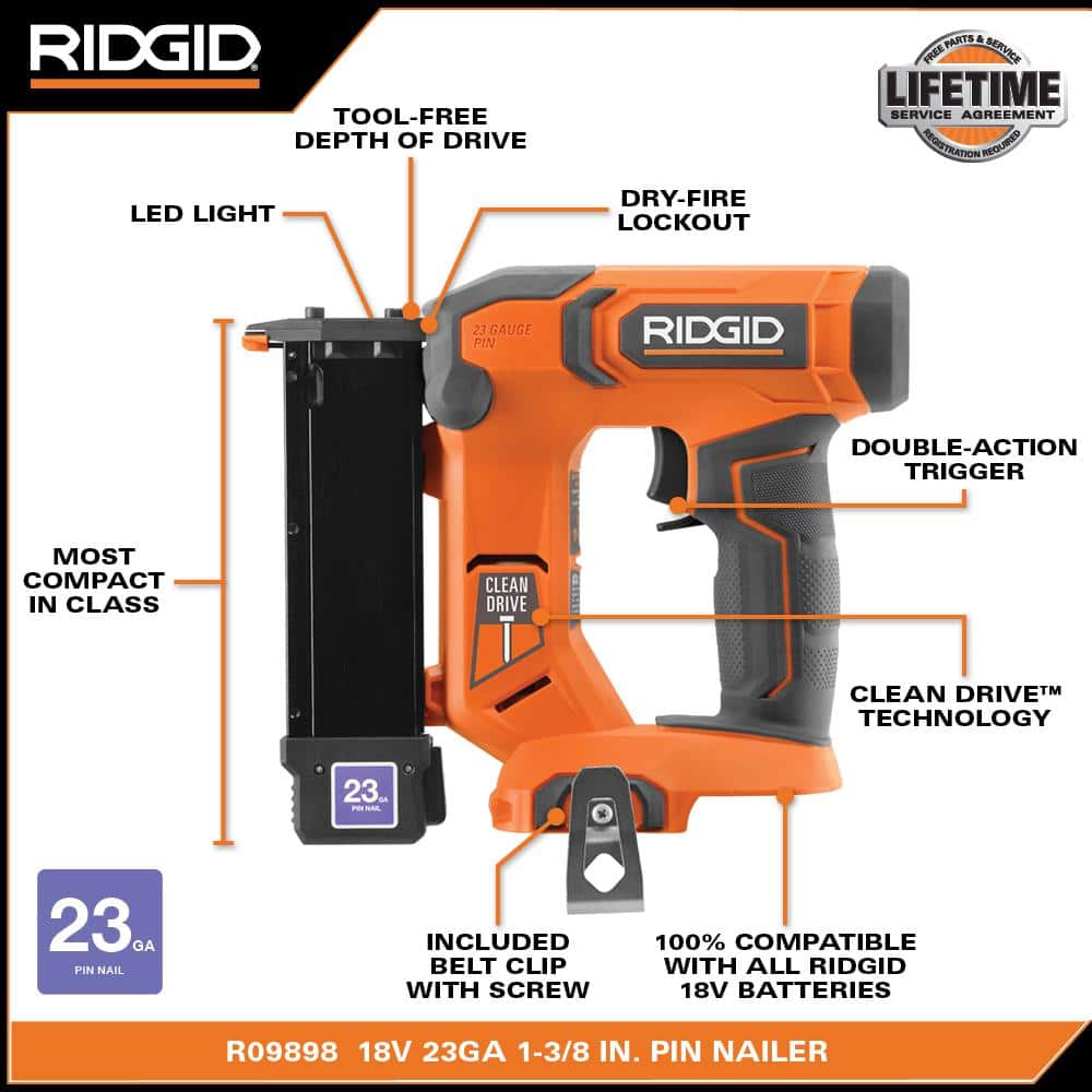 Kit de clavadora inalámbrica de 18 V, calibre 23, de 1-3/8 pulg. con clavos sin cabeza, batería de 2.0 Ah y cargador