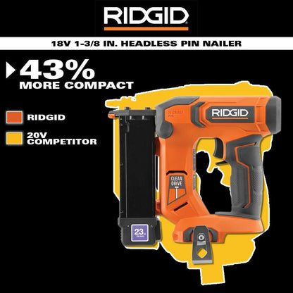 Kit de clavadora inalámbrica de 18 V, calibre 23, de 1-3/8 pulg. con clavos sin cabeza, batería de 2.0 Ah y cargador