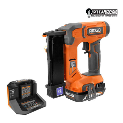 Kit de clavadora inalámbrica de 18 V, calibre 23, de 1-3/8 pulg. con clavos sin cabeza, batería de 2.0 Ah y cargador