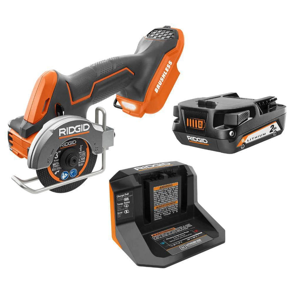 Kit de sierra multimaterial inalámbrica subcompacta sin escobillas de 18 V y 3 pulgadas con (3) discos de corte, batería de 2.0 Ah y cargador de 18 V