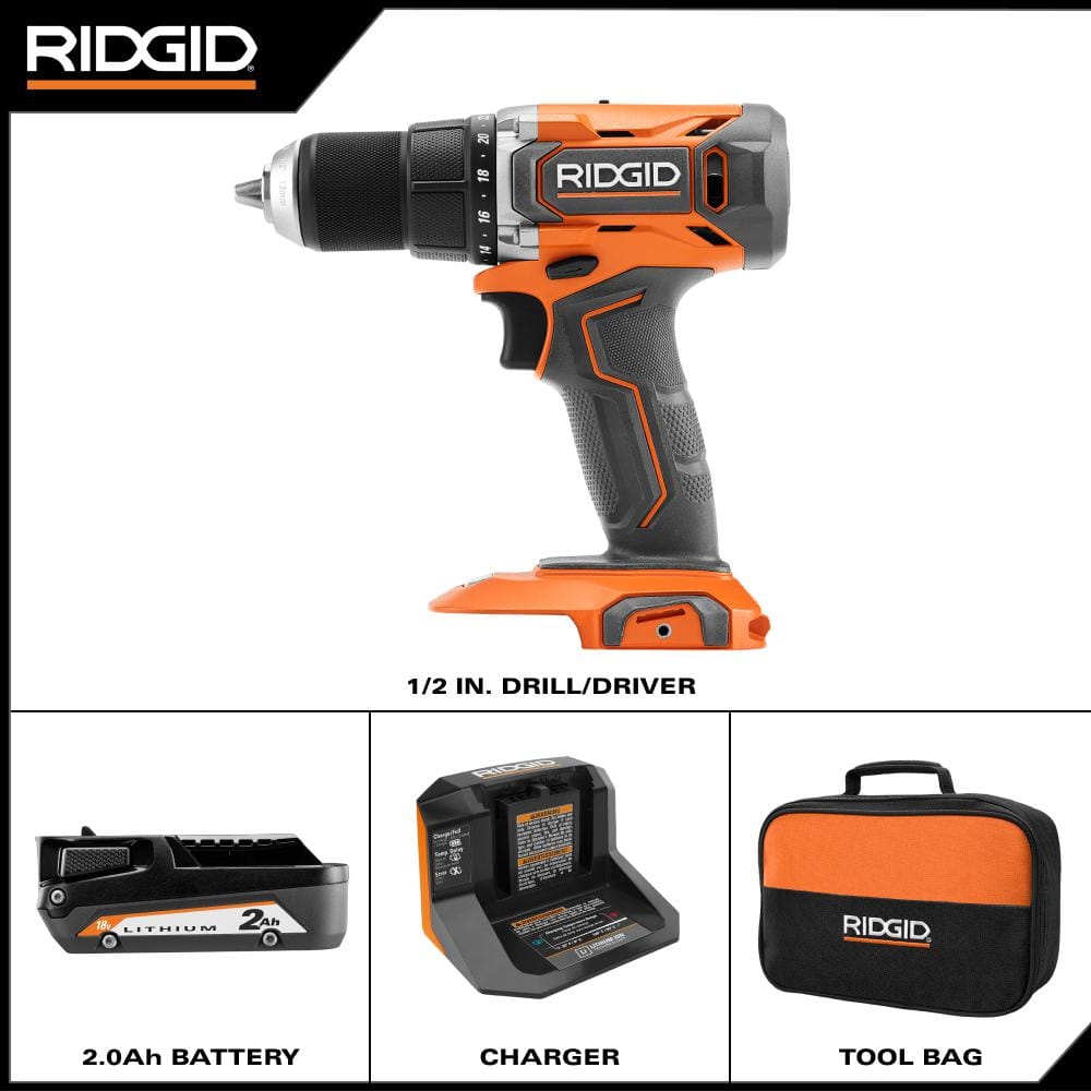 18V Cordless 1/2 in. Drill/Driver Kit with 2.0 Ah Battery and Charger ...