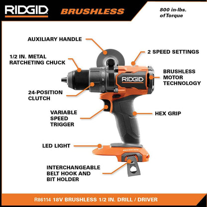 18V Brushless Cordless 2-Tool Combo Kit with Drill/Driver, Impact Driver, (2) Batteries, 18V Charger, and Tool Bag