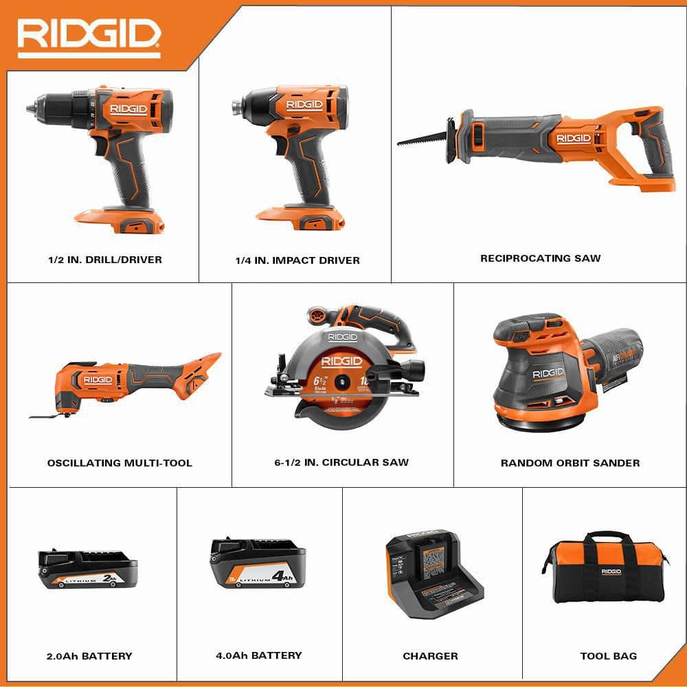 18V Cordless 6-Tool Combo Kit with 2.0 Ah Battery, 4.0 Ah Battery, Charger, and Bag