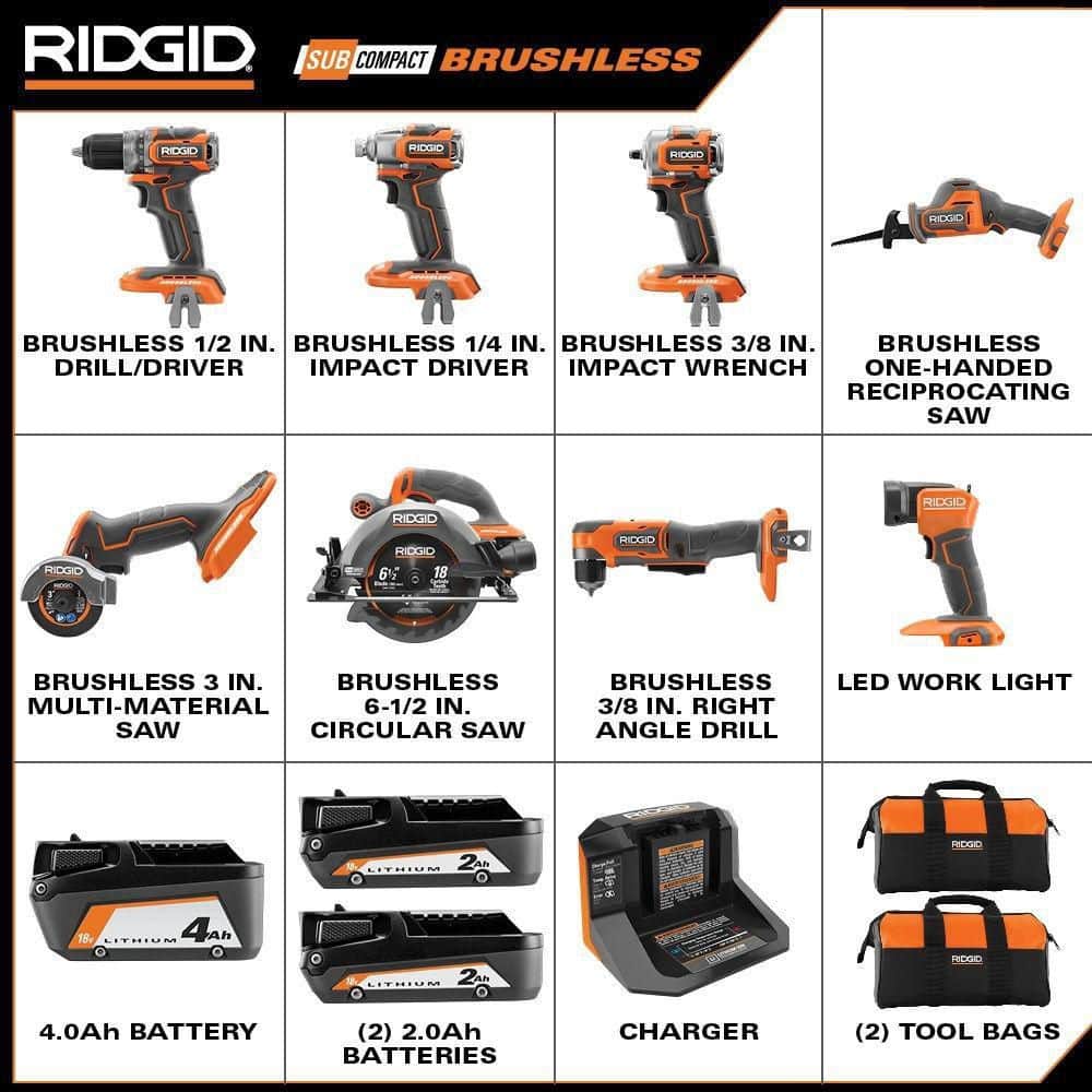 18V SubCompact Brushless Cordless 8-Tool Combo Kit with (2) 2.0 Ah Batteries, 4.0 Ah Battery, Charger, and Bag