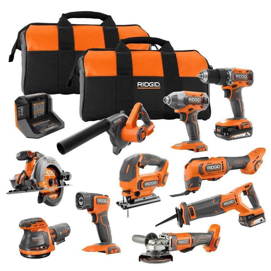 Kit combinado de 10 herramientas inalámbricas de 18 V con batería de 2 Ah, batería de 4 Ah, cargador y bolsa de herramientas