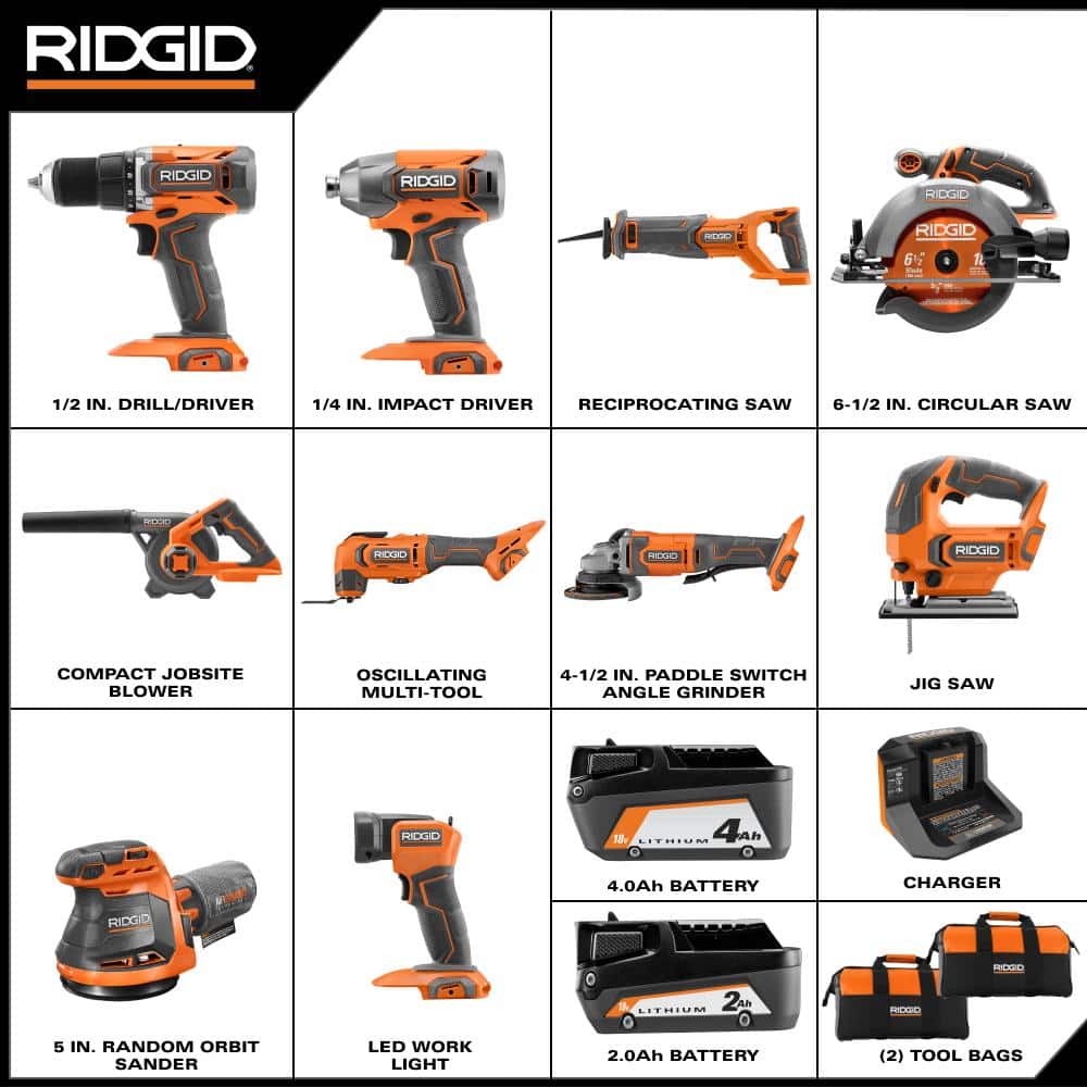 18V Cordless 10-Tool Combo Kit with 2.0 Ah Battery, 4.0 Ah Battery, Charger, and Tool Bag