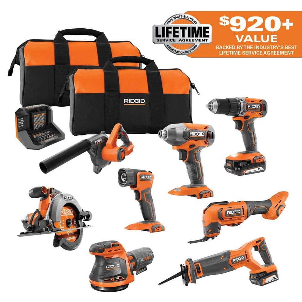 18V Cordless 8-Tool Combo Kit with 2.0 Ah Battery, 4.0 Ah Battery, and ...