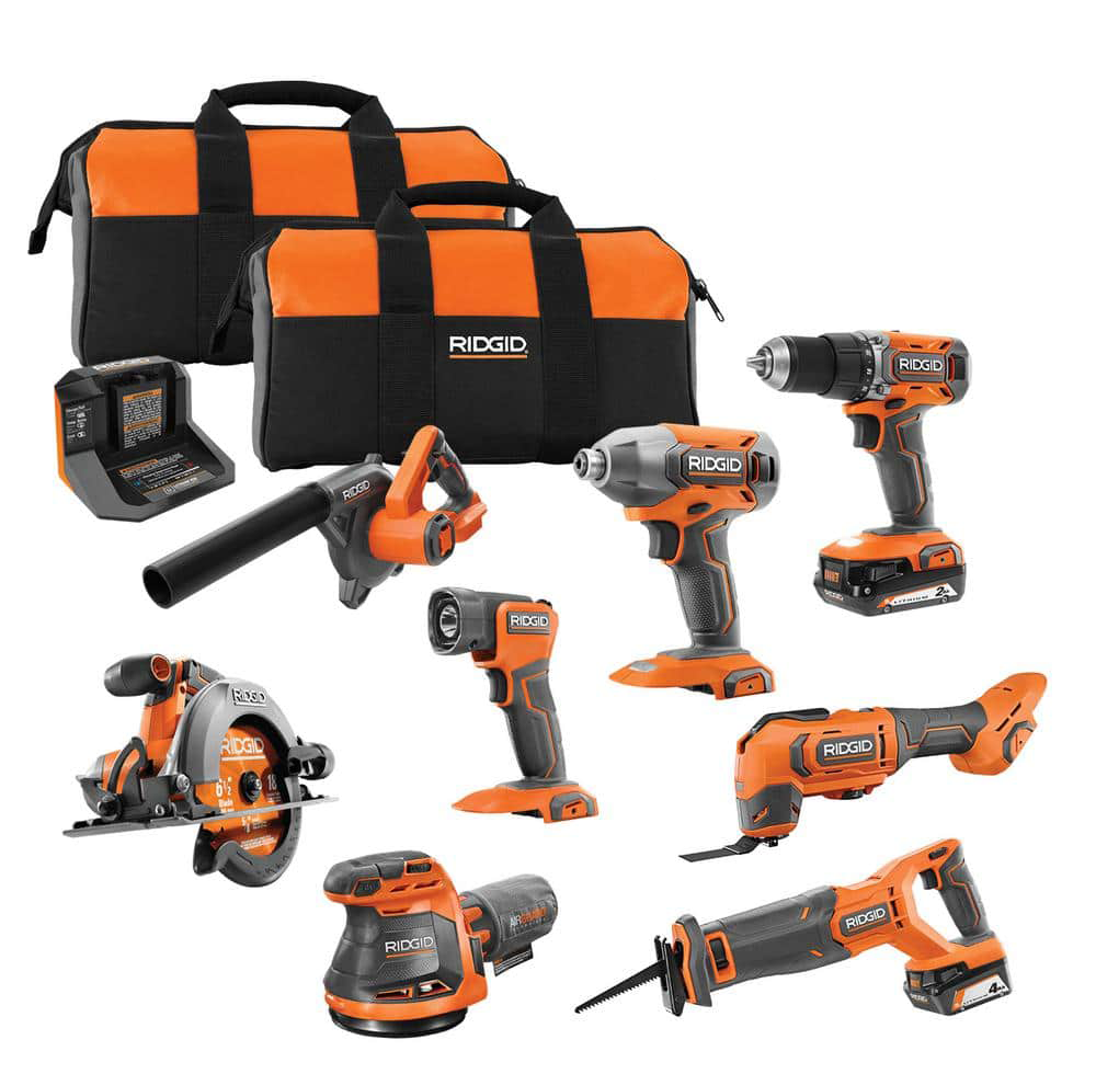 18V Cordless 8-Tool Combo Kit with 2.0 Ah Battery, 4.0 Ah Battery, and Charger