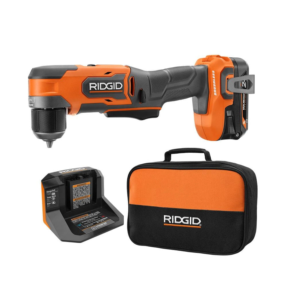 Kit de taladro de ángulo recto inalámbrico subcompacto de 18 V sin escobillas de 3/8 pulg. con batería de salida máxima de 2.0 Ah y cargador